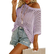 Short Sleeve Crochet Sweater Lightweight Summer Tops Loose Hollow Out Crewneck Pullover